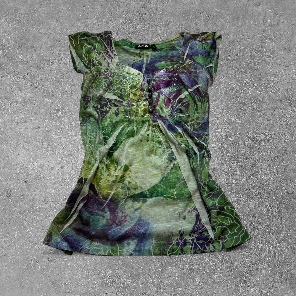 Apt. 9 Y2K Green Purple Floral Sleeveless Blouse Fairycore M